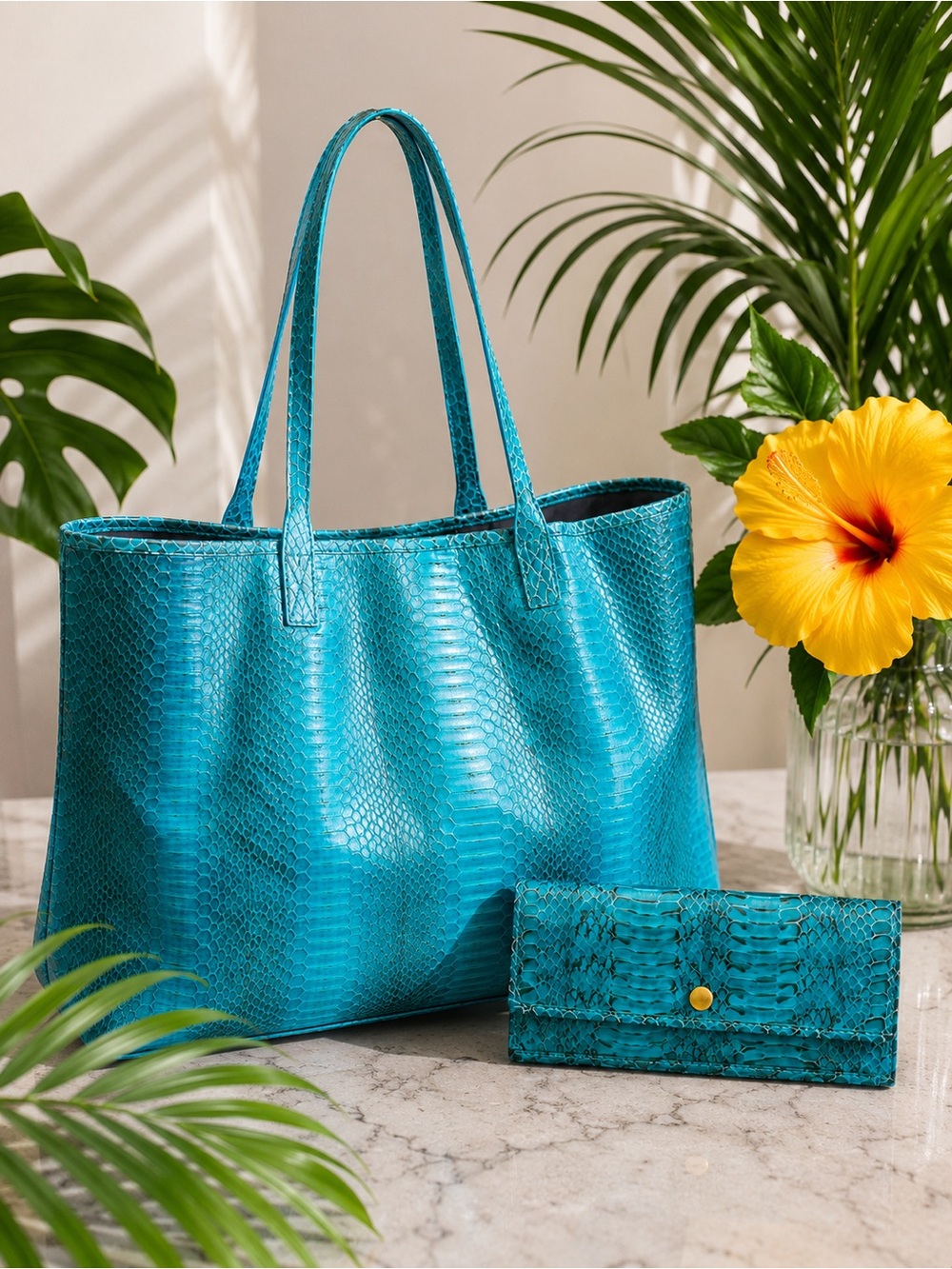 Beirn Turquoise Genuine Python Leather Tote Bag with Removable Matching Clutch